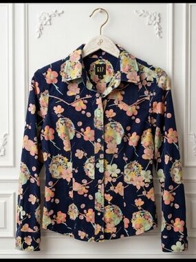 GAP Navy Floral Western-Style Shirt with Pink & Cream Blooms